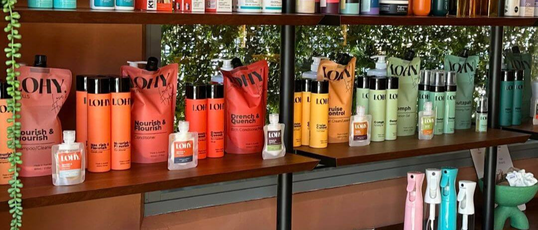 Curly hair products on a shelf