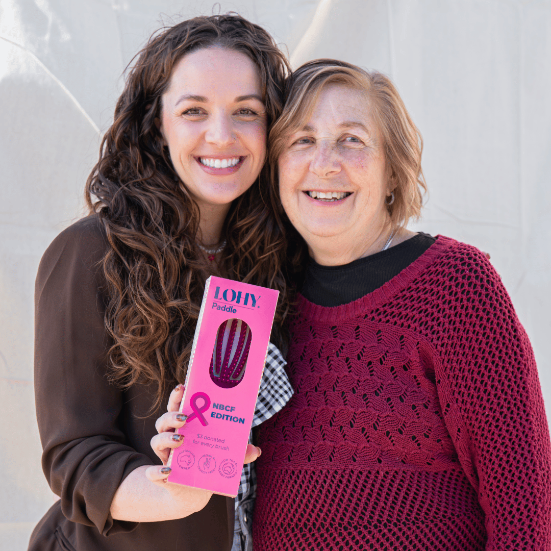 Jonina and her mother pictured with pink LOHY. Paddle Brush