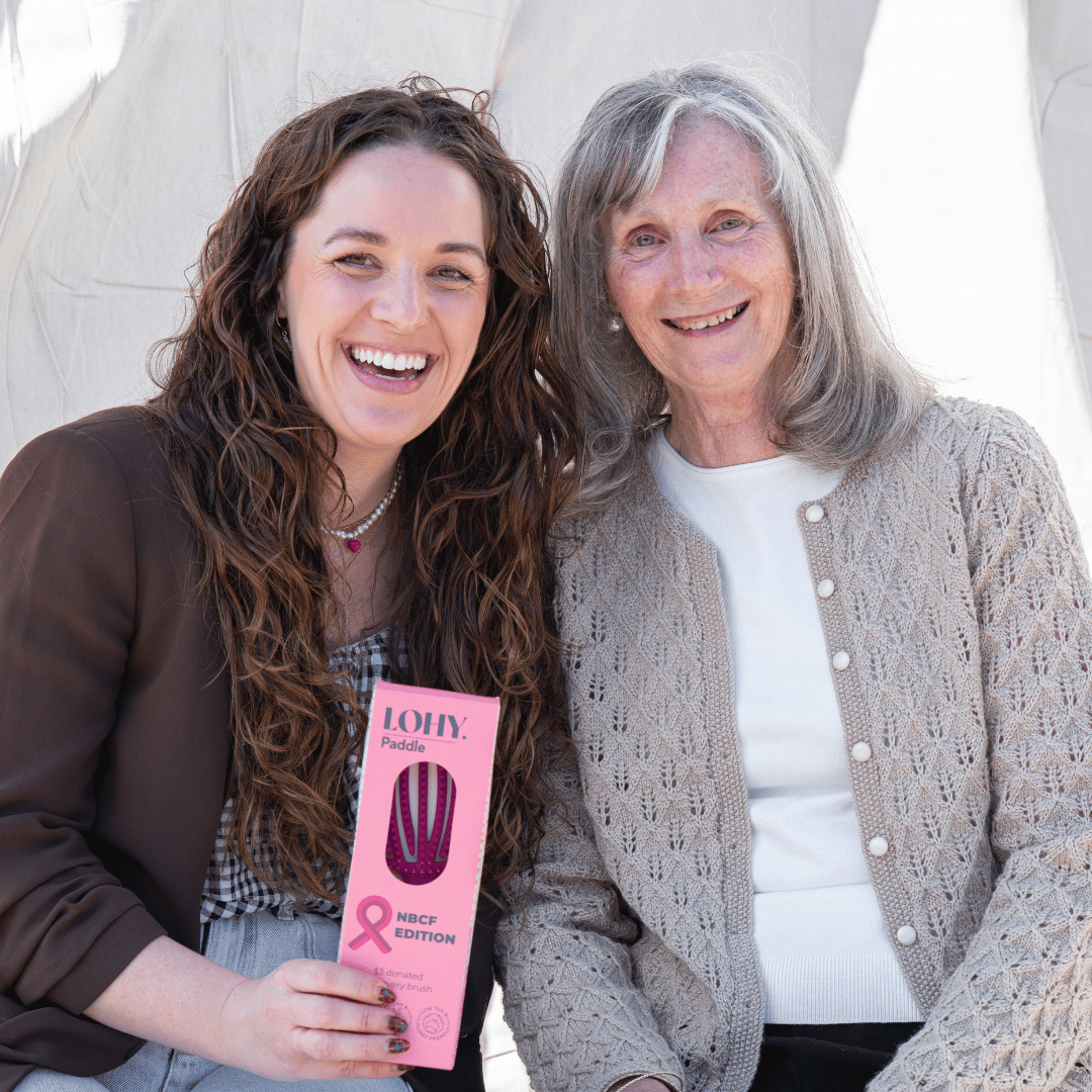 Jonina and client Jenti pictured with pink LOHY. Paddle Brush