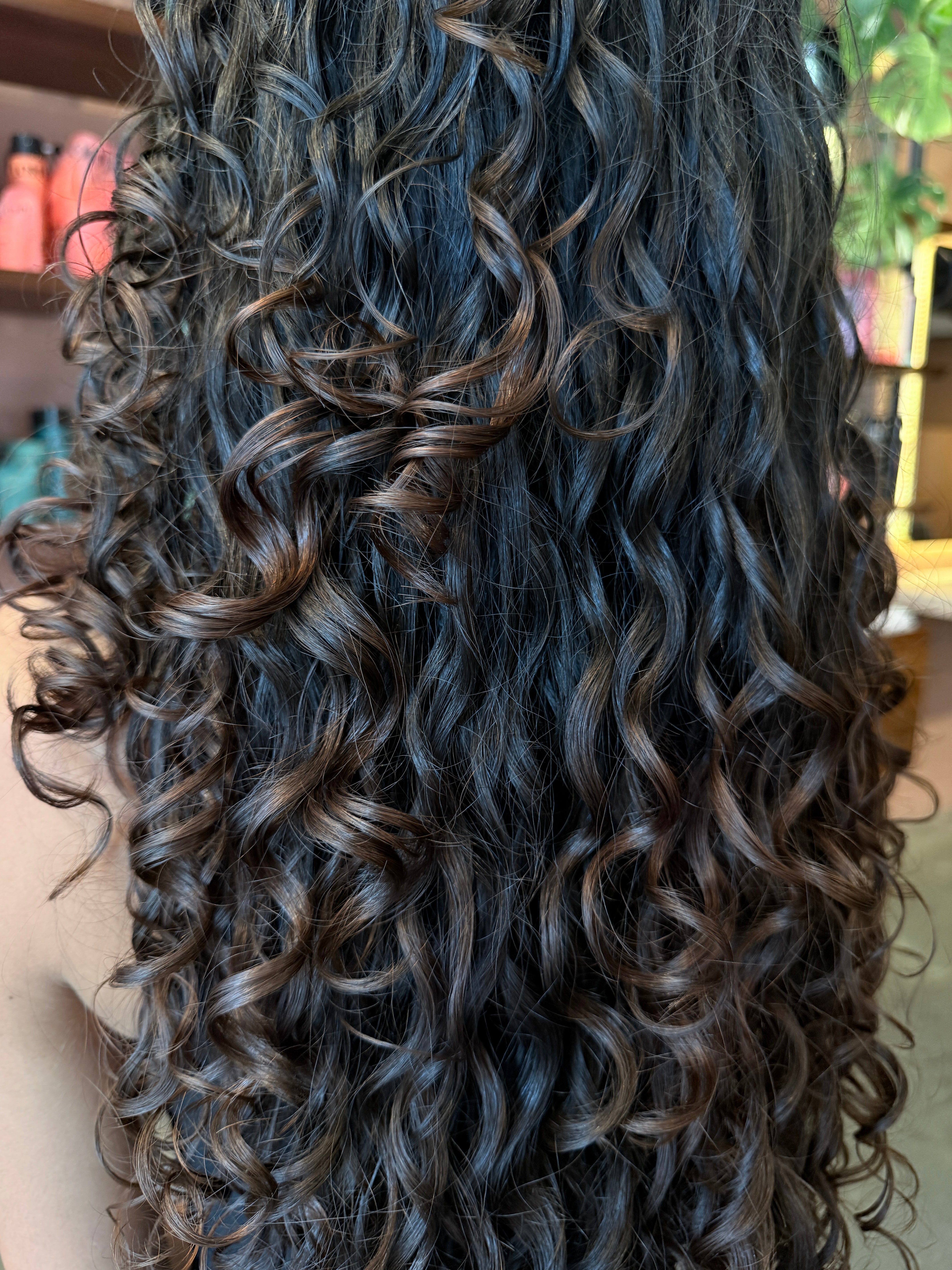 dark brown curly hair, up close