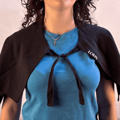 LOHY. Cold Shoulder Guard Neck Towel on Brunette woman