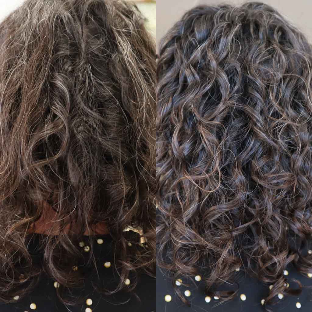 Before and after frizzy hair using Nourish & Flourish Conditioner Yeshair Australia