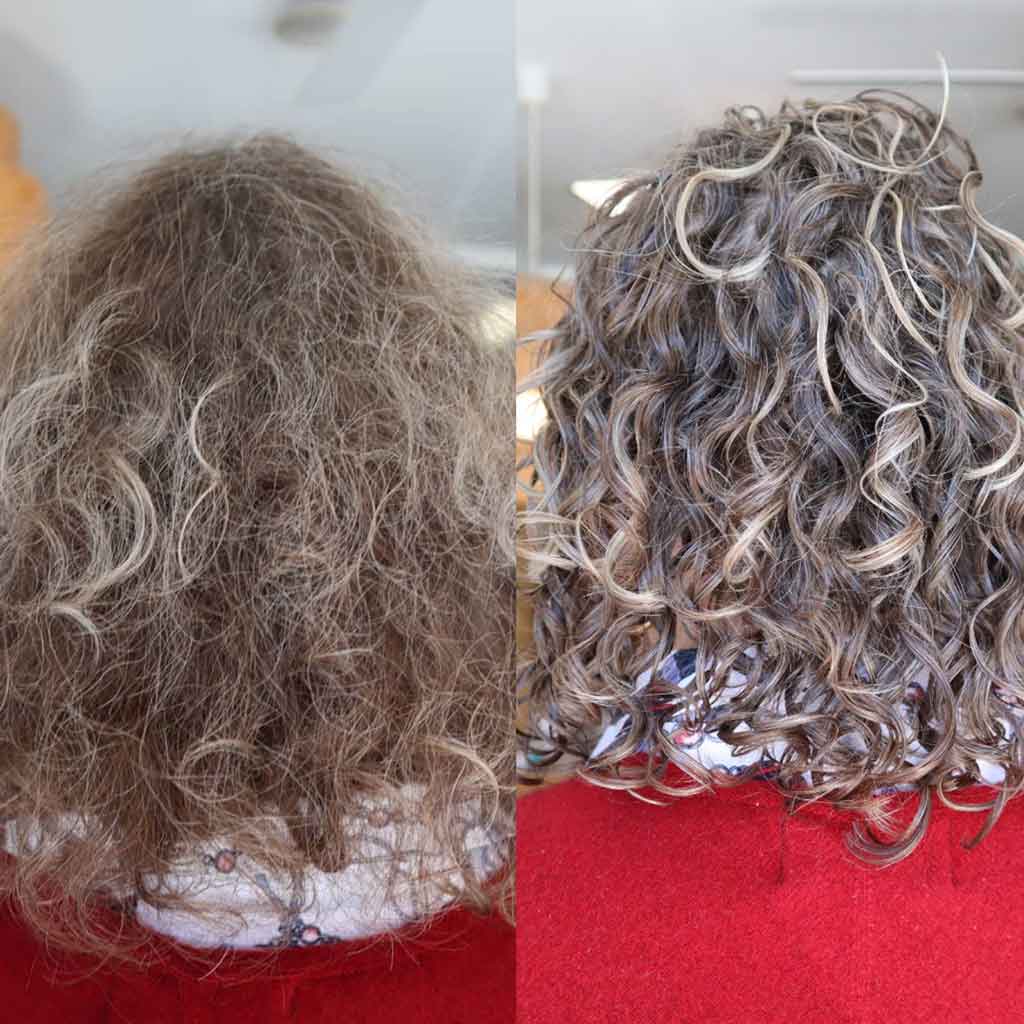 Before and after silver frizzy hair using Nourish & Flourish Conditioner Yeshair Australia