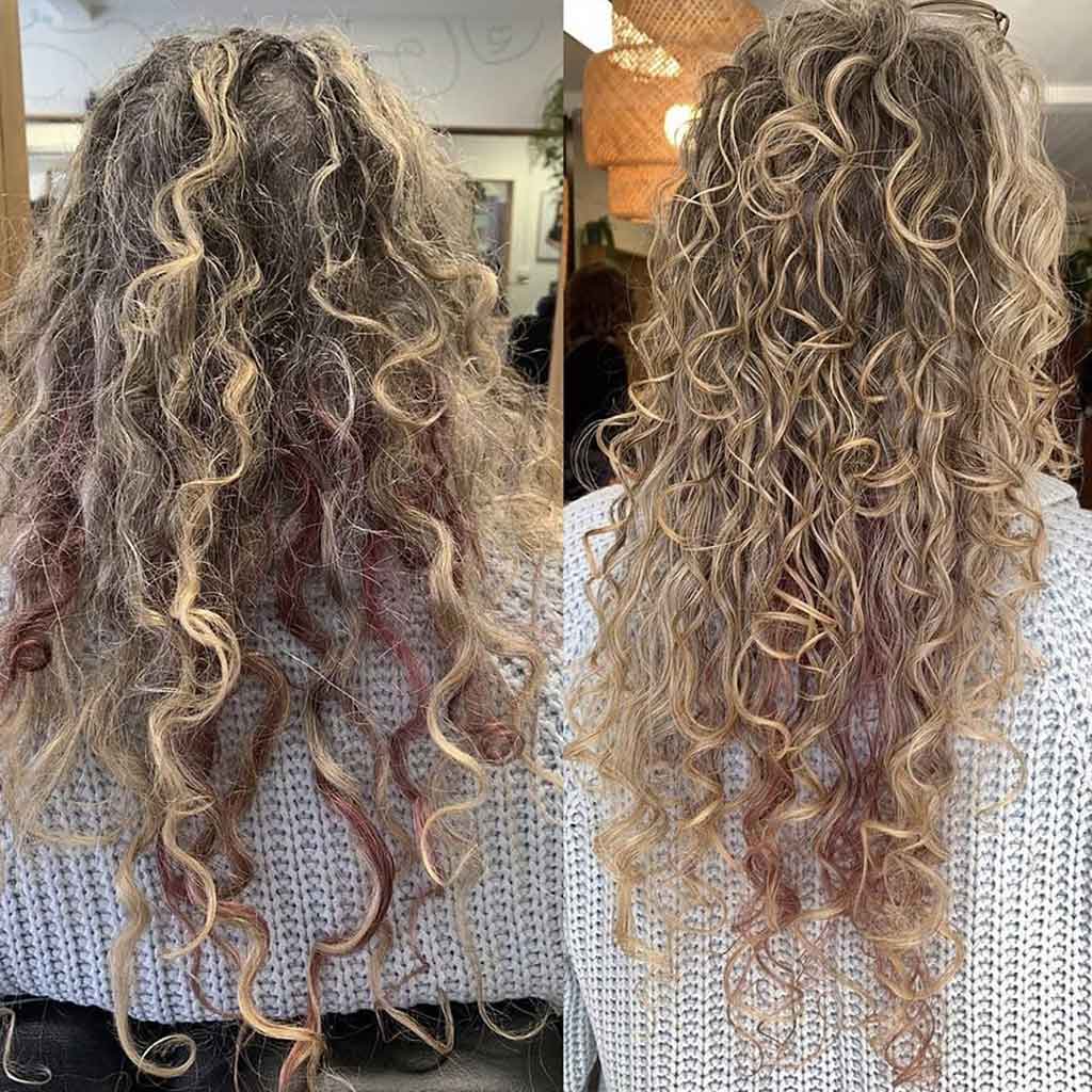 Before and after long blonde frizzy curls