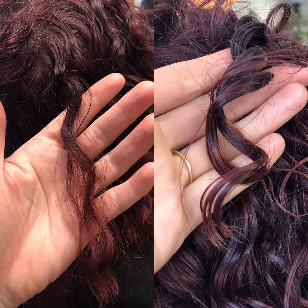 Before and after purple frizzy curl using Nourish & Flourish Conditioner Yeshair Australia