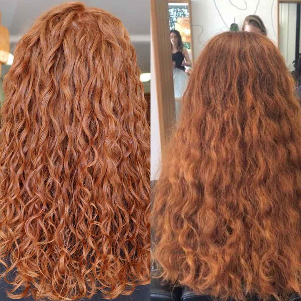 Before and after of frizzy red hair using Nourish & Flourish Conditioner